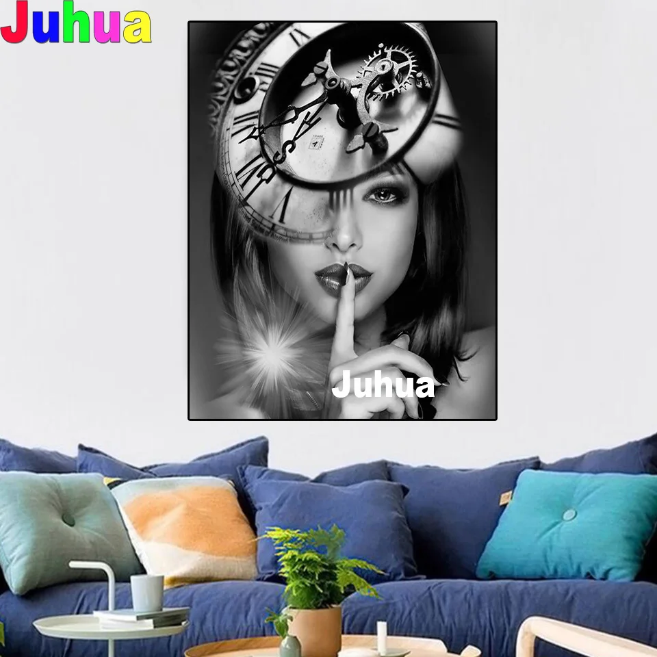 

Handmade Gift Diamond Painting Black White clock Woman 5D Embroidery Set DIY Home Decoration Round Square Diamond Mosaic