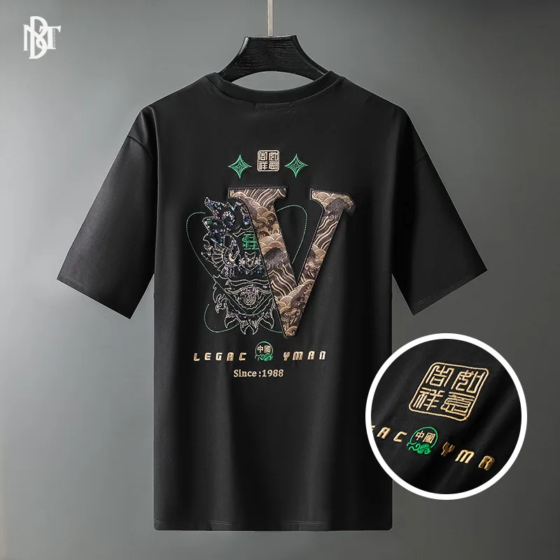 

Heavy Industry Chinese Style Embroidered Lion Head Cotton Short-sleeved T-shirt Men's Tide Brand Summer Loose Oversized T-shirt
