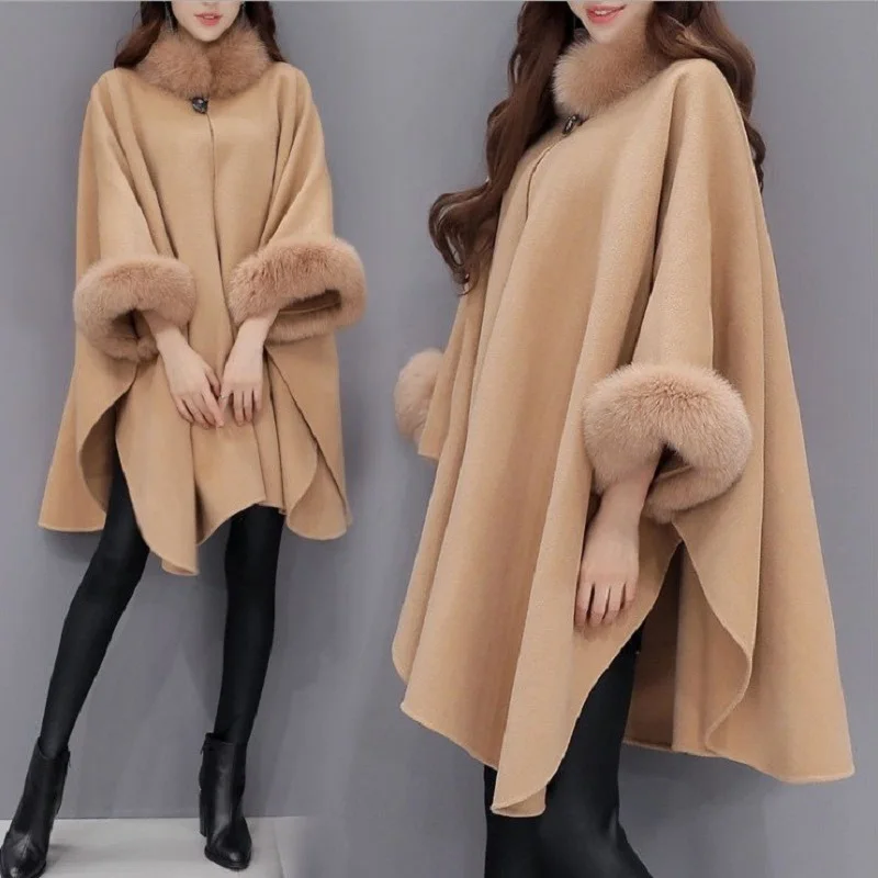 

2020 Winter Clothing New Korean Version Fox Fur Collar Long Wool Woolen Coat Temperament Cape Female