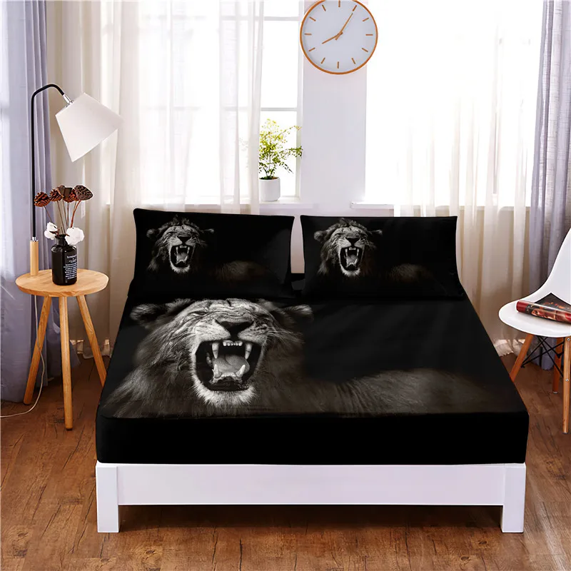 

Roaring Lion Digital Printed 3pc Polyester Fitted Sheet Mattress Cover Four Corners with Elastic Band Bed Sheet Pillowcases
