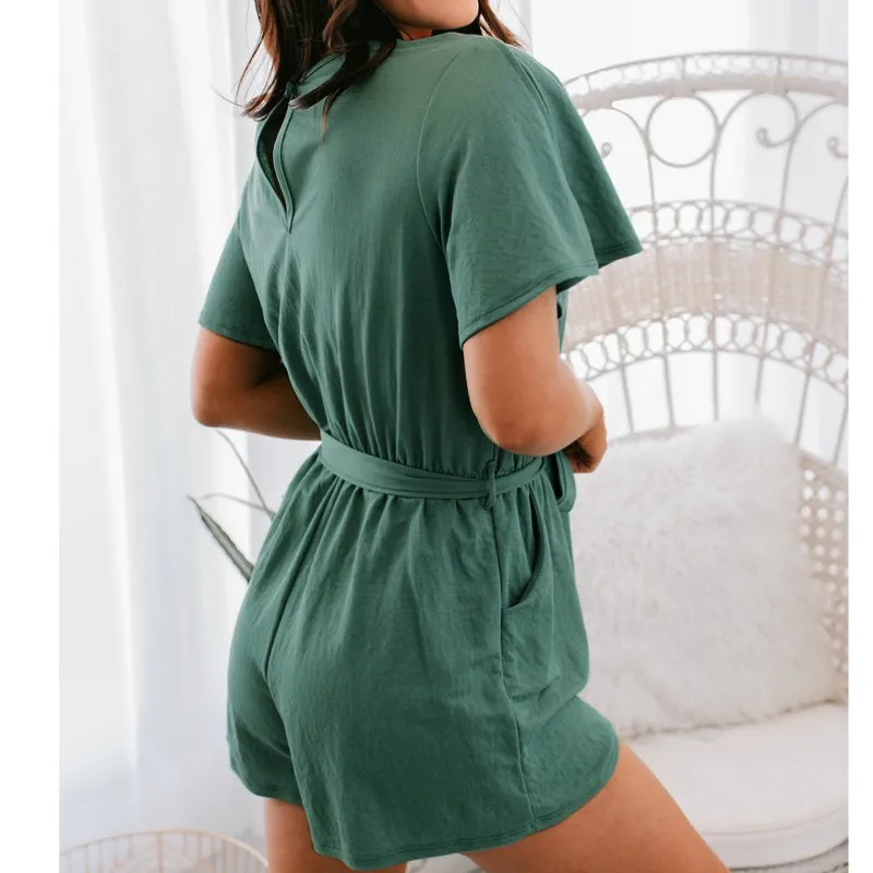 

Summer Women Plain Solid Romper Clothes set Short sleeve V Neck Bandage Loose Playsuit Jumpsuit Shorts Ladies Overall Female