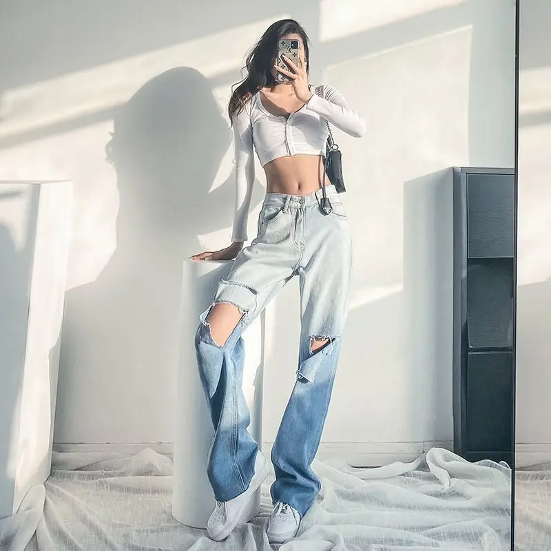 

2021 Summer Women's Retro Ripped Jeans Fashion High Waist Loose Drape Complex Beggar Wide Leg Pants Boutique Mopping Pants