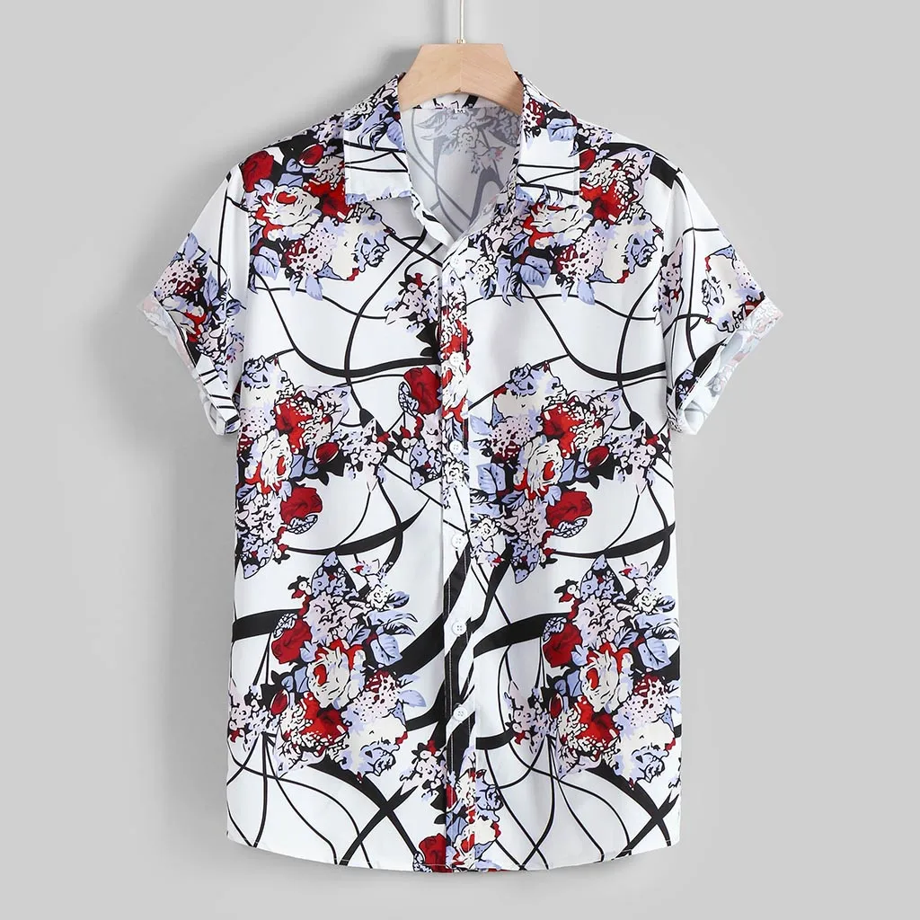 

38# Men's Shirt Fashion Autumn Summer Shirt Men's Summer Fashion Casual Lapel Pattern Print Short Sleeve Shirt Top Blouse
