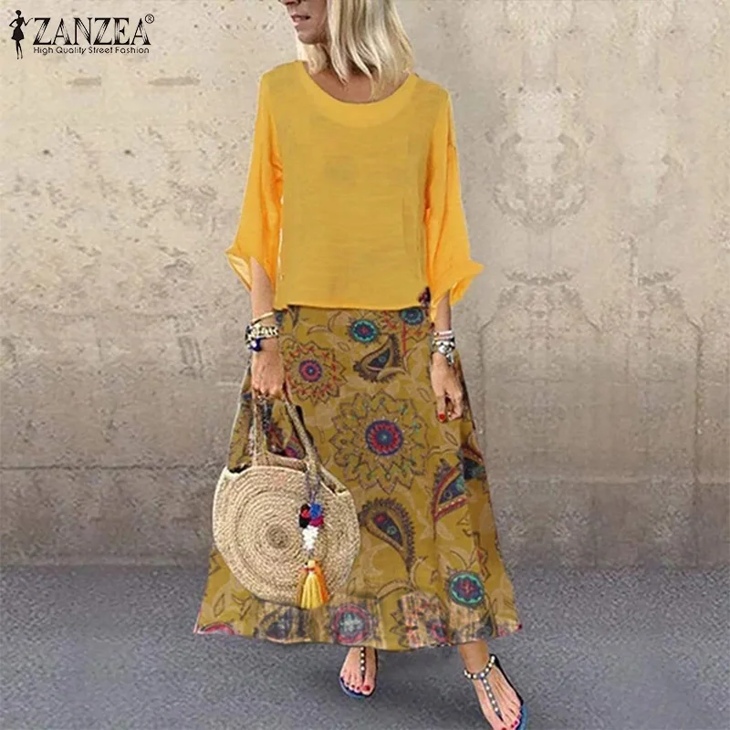 ZANZEA женское хлопковое льняное Длинное Макси платье с винтажным принтом Vestidos женское летнее платье повседневное мешковатое платье из 2 предметов Femme
