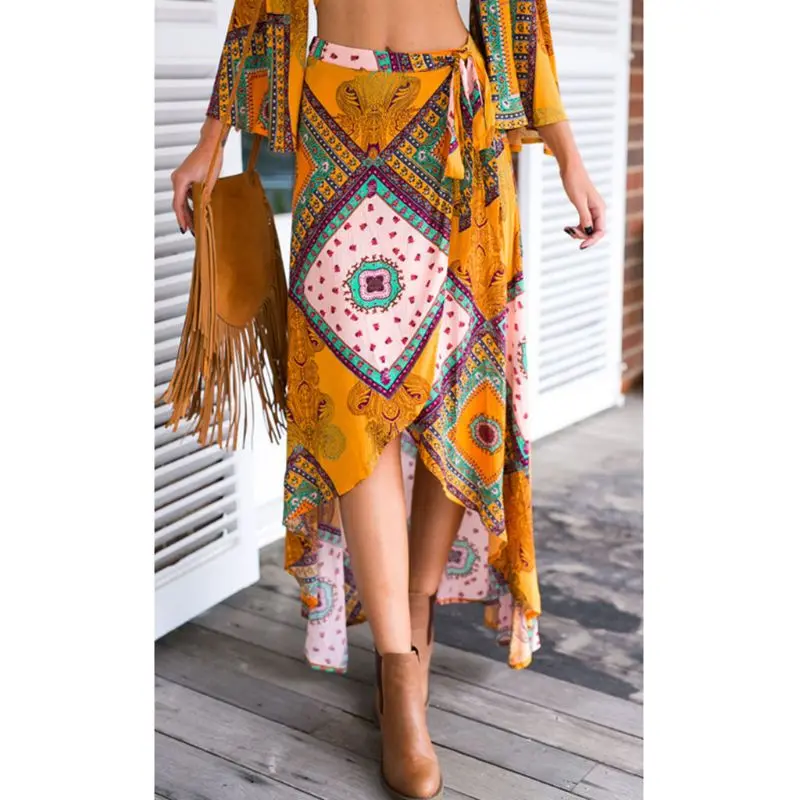 

Womens High Waisted Tie Up Bohemian Geometric Floral Maxi Long Wrapped Skirt Asymmetric Swallowtail Hem Beach Cover Up Sundress