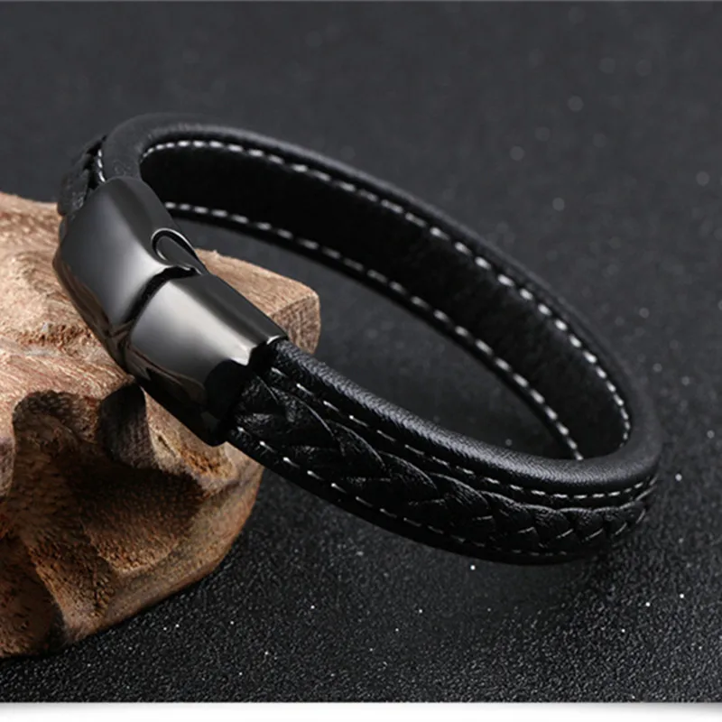 Мужской черный плетеный браслет из натуральной кожи с пряжкой нержавеющей стали