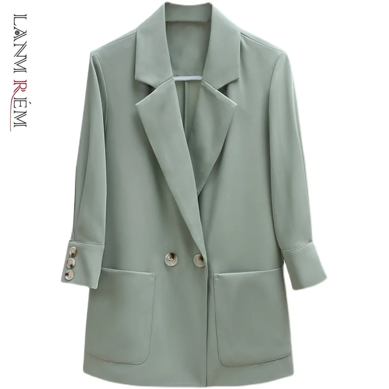 

LANMREM 2021 Summer New Three Quater Single Layer Thin Suit Coat Women's Casual Solid Color Vertical Small Green Autumn 2K2312