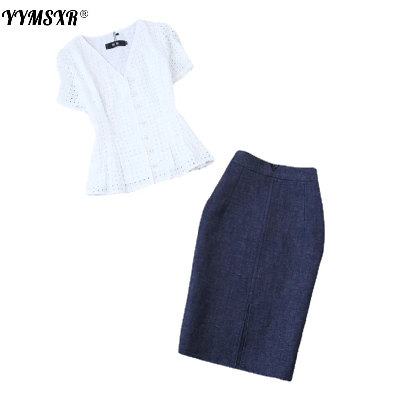 High-quality Summer Style White Cotton Embroidery Hollow Breathable Half-sleeved Shirt + Denim Bag Hip Pencil Half Skirt Suit