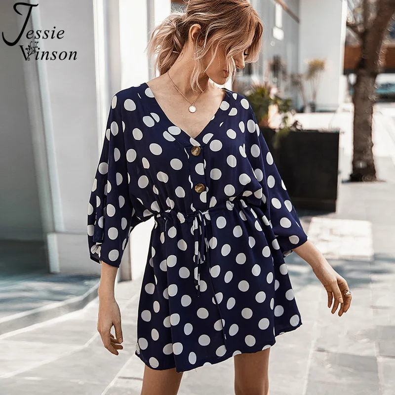 

Jessie Vinson Polka Dots Short Dress Women Half Sleeve V-neck Mini Dresses Summer Batwing Sleeve Casual Loose Vestidos Robe 2020
