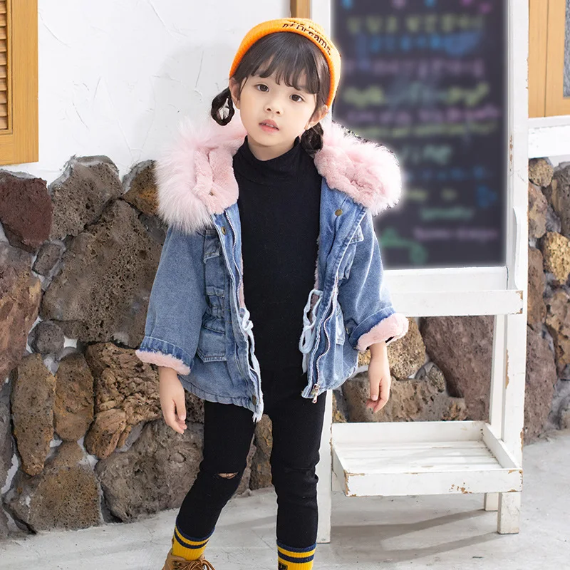 

Kids jackets for girls hooded Faux Fur and real fur collar Big fur collar Warm Coat Toddler Kids Baby Girls Thick Denim Outwear
