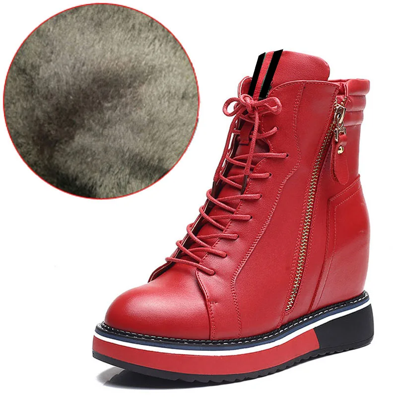 red thick fur DORATASIA/Новые Модные ботильоны из натуральной кожи обувь, увеличивающая рост Женские Повседневные Вечерние ботинки из органической кожи на осень и зиму женская обувь 33-40 - Цвет: red thick fur