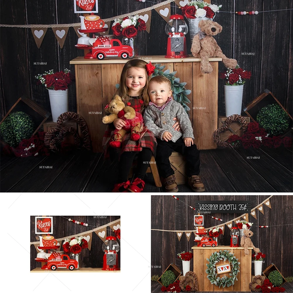 

Valentine's Day Photography Backdrops Child Portrait Red Rose Kissing Booth Rustic Wood Backdrop Wedding Decoration Background