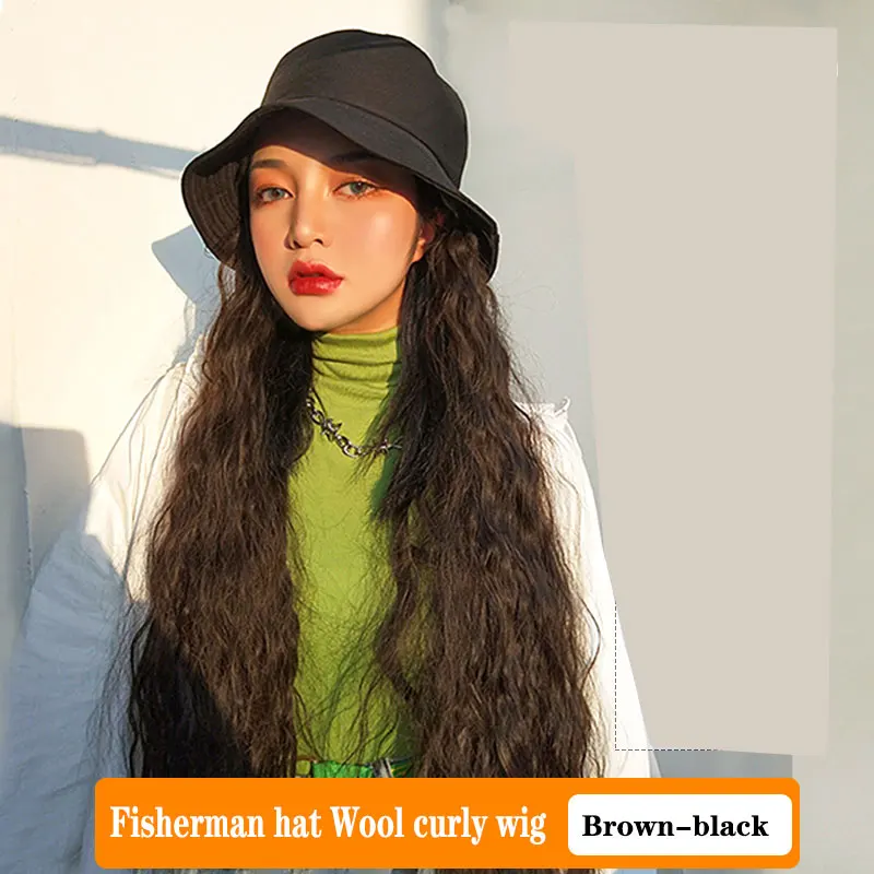 Fashion one-piece intergrated women's long natural  kinky curly synthetic hair wig and bucket hats sun cap with hair