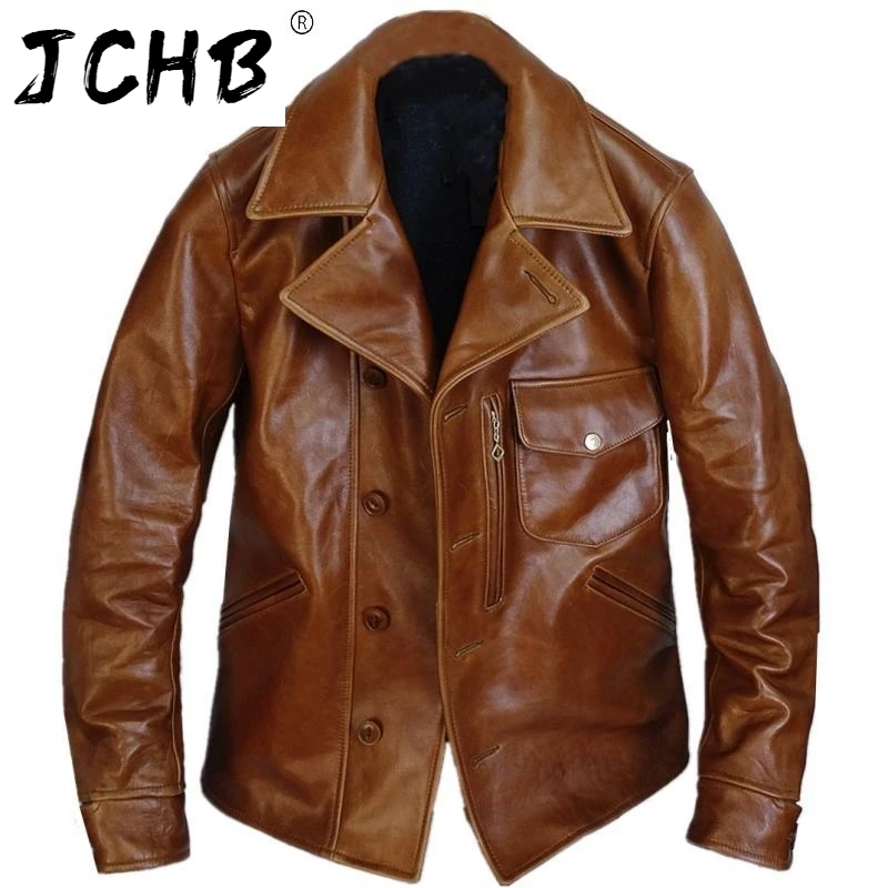 

High JCHB Quality Vintage Brown Real Leather Jacket Men Spring 100% Cowhide Coat Vintage Plus Size Chaqueta Cuero Hombre 2021
