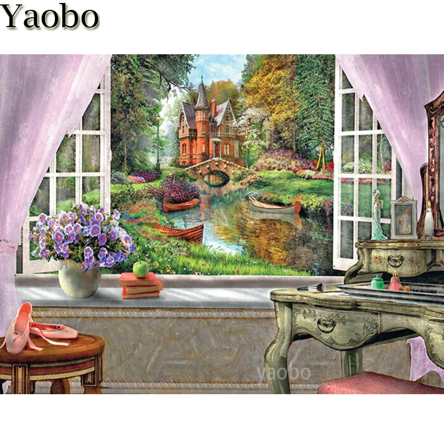 

Набор для алмазной вышивки квадратными стразами, картина 5D с изображением замка, сада, ландшафта, окон, мозаика, подарок