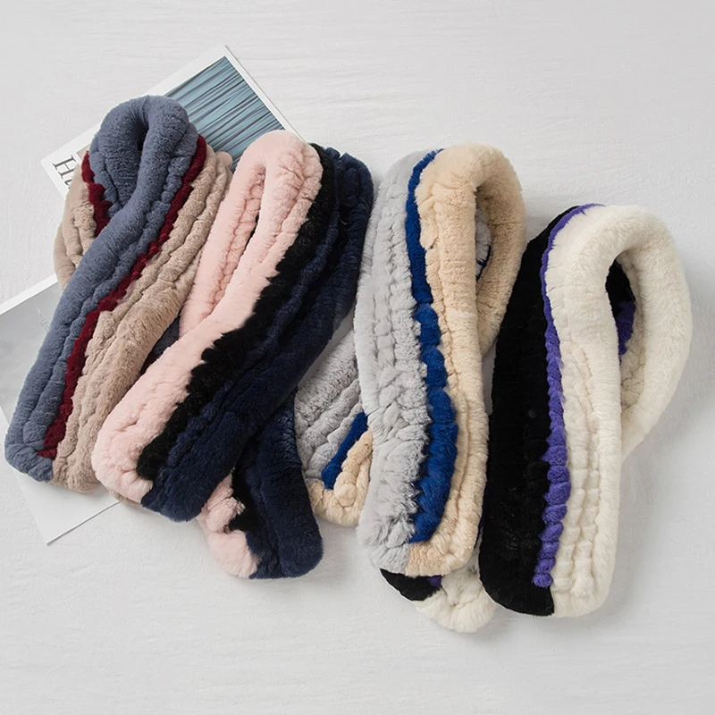 Шарф женский настоящий мех кролика длинный вязаный из натурального меха S7710 |