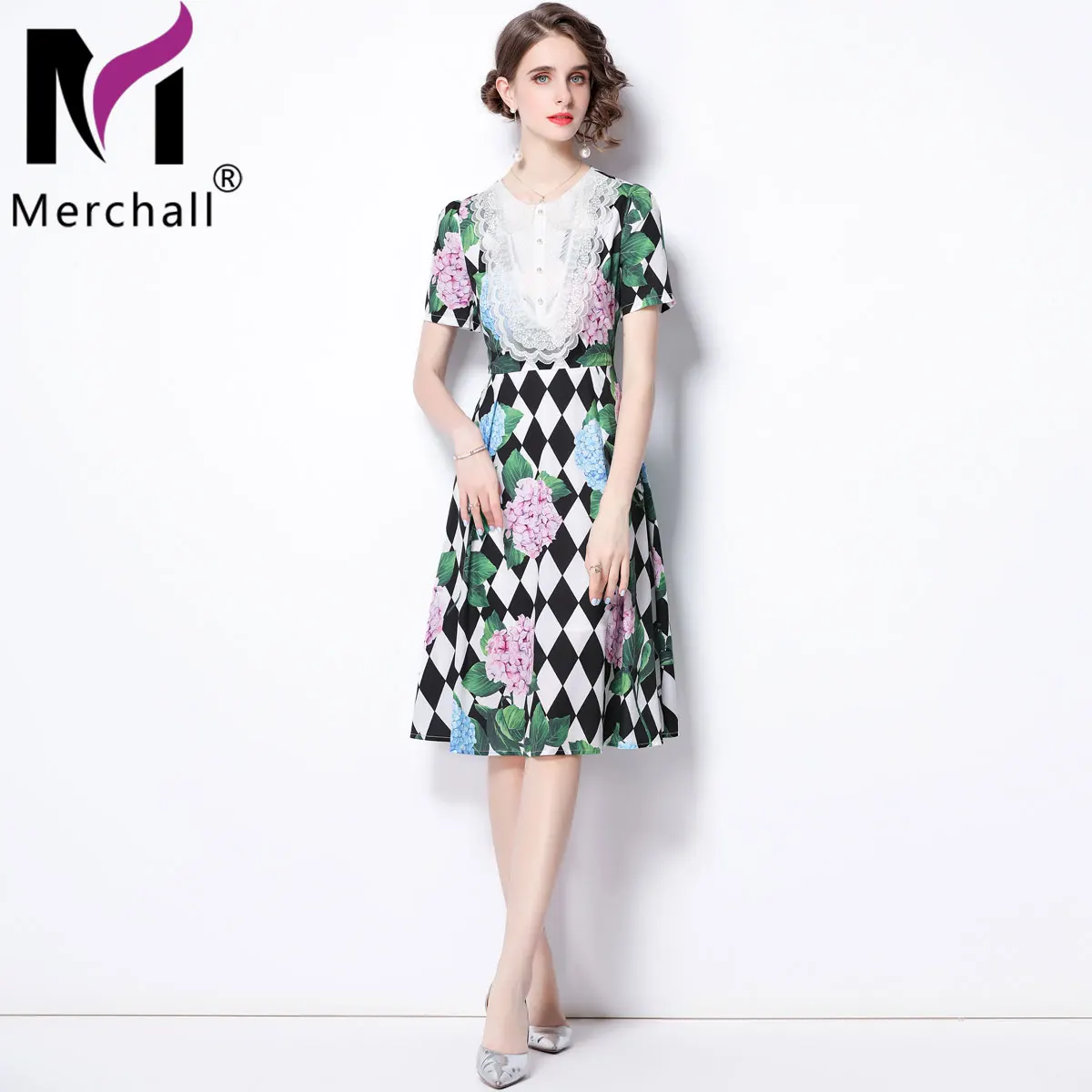 

2021 Summer Boho Lace Midi Dress Flower Print Beading O Neck Short Sleeve Party Midi Dresses Office Lady Woman Clothing M76638