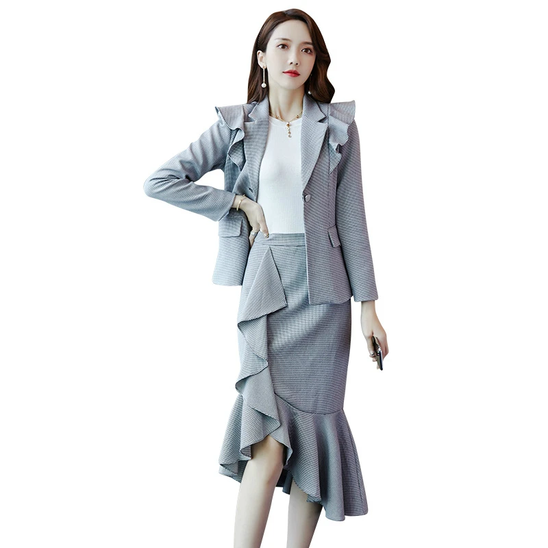 

Hot Sale 2020 Spring Summer Runway Modis Two Piece Set Women Sheer Blazer and Ruffles Skirt Ladies Work 2 Piece Set Plus Size