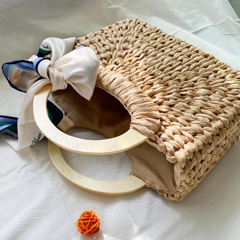 

Vacation Large Capacity Straw Bag With Silk Scarf Ins Handmade Woven Bag Beach Outgoing Bags