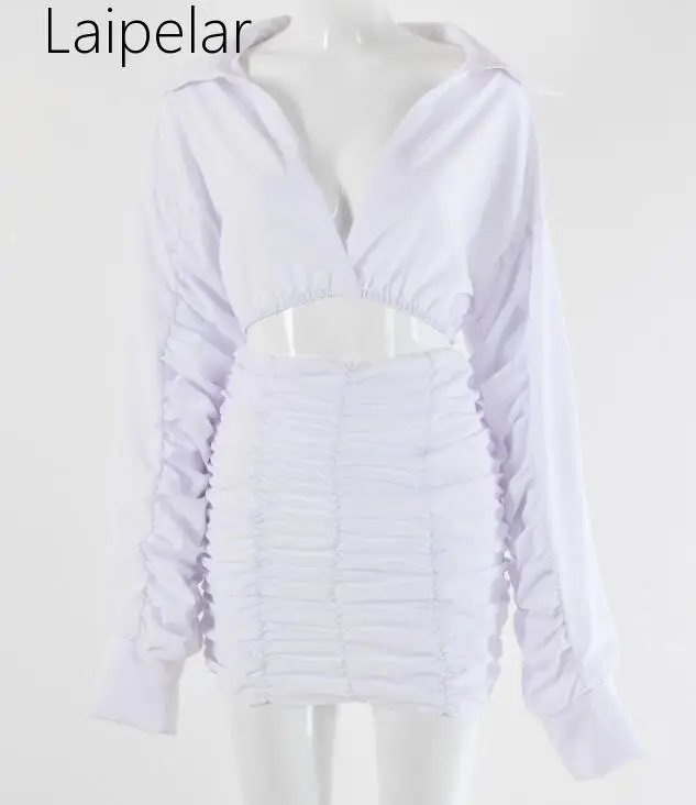 

Laipelar Sexy Two Pieces Set Dress Women Long Sleeve Turn Down Collor Cropped Elastic Party Dress Pleated Autumn Winter Dress