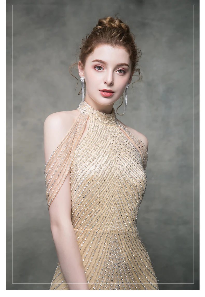 Sexy Backless Celebrity Dresses High Neck Beaded Front Split Luxurious Trumpt Robe De Beaded Sequins Evening Party Gowns ZD2001