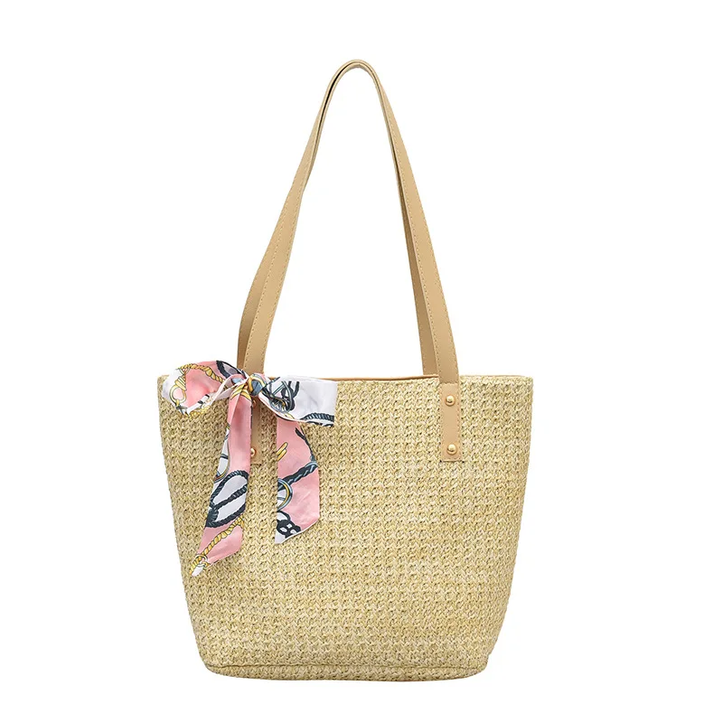 

Ladies Summer Casual Straw Woven Top-handle Handbag Vintage Silk Ribbon Large Capacity Shoulder Bags Tote Bolsas sac main Mujer