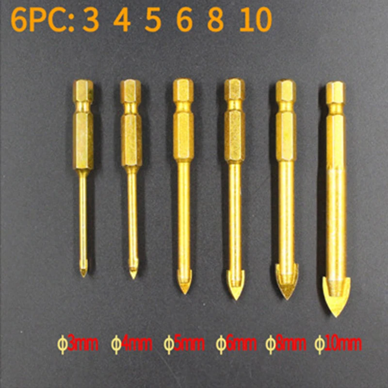 

6pcs 1/4" Hex Shank Glass Bits Titanium Coated Glass Drill Set 3 4 5 6 8 10mm Tile Concrete Flat Tip Hole Bit Drilling DB02008
