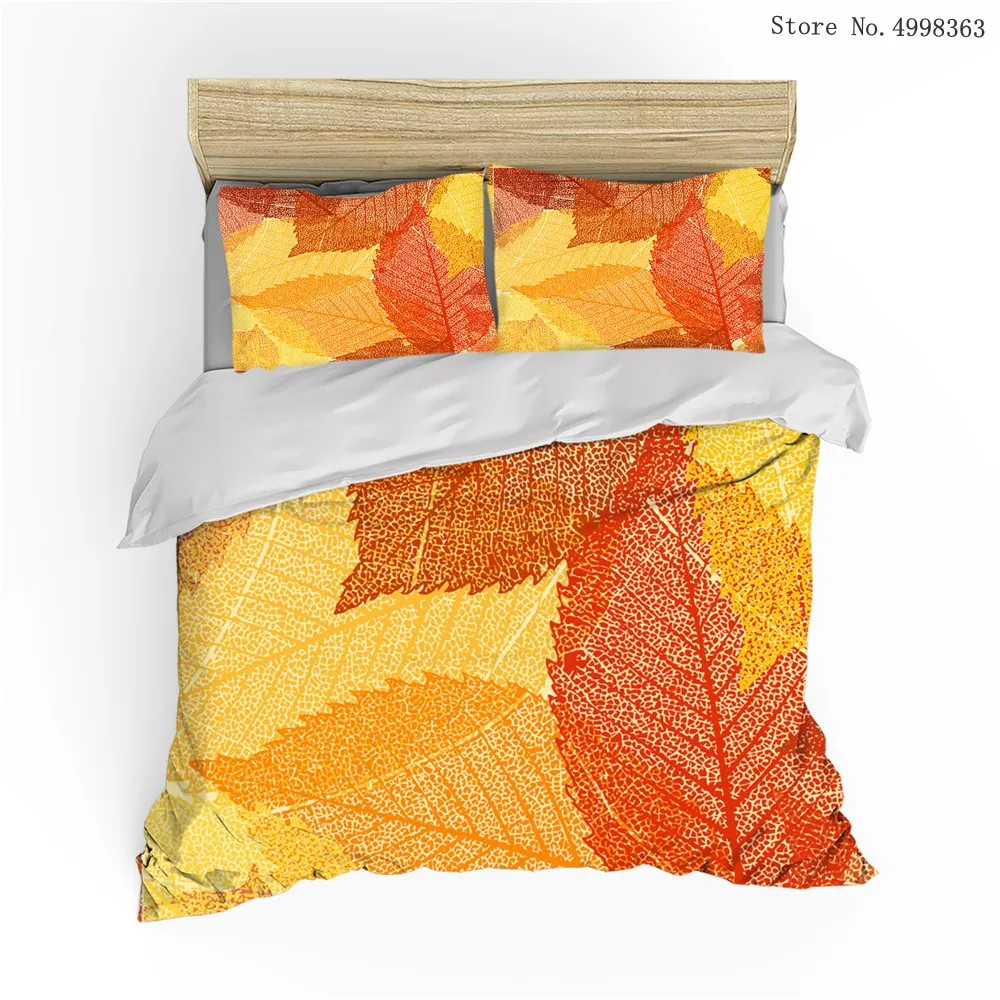 Teens Gift Bedding Set Golden Autumn Duvet Cover Leaves Print Natural View Bed Pillowcase 2/3 Piece Single Double King | Дом и сад