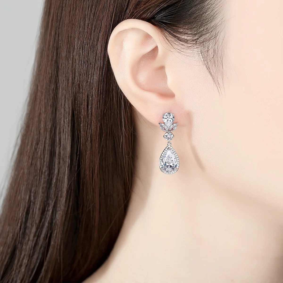 

FXLRY Elegant White Color AAA Cubic Zircon Drop Earrings for Women Wedding Engagment Earring Lily Cute Flower Jewelry