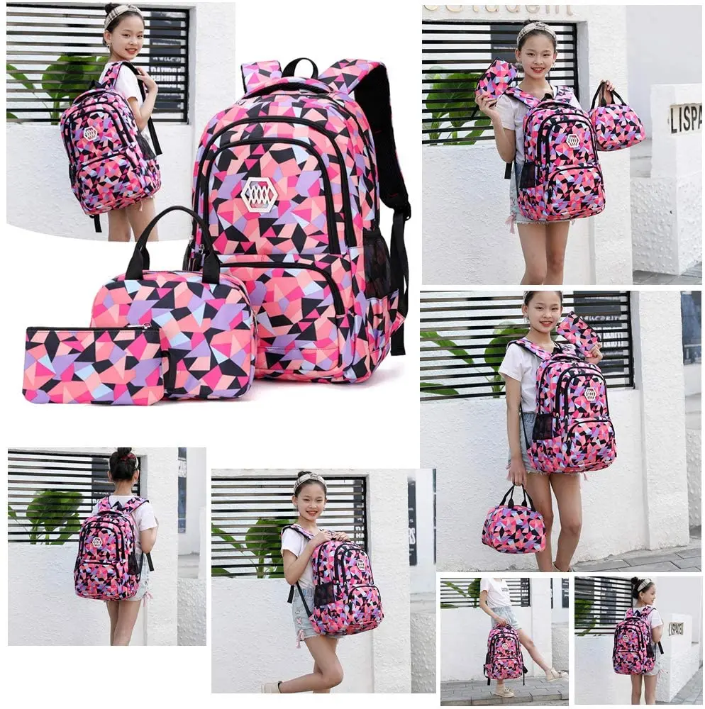 Geometric Prints Primary Backpacks with Lunch Case Kids Schoolbag for Middle School Girls Boys Large Bookbags Mochila Escolars