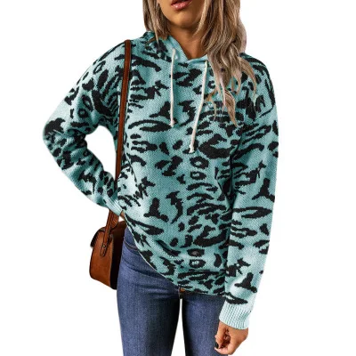 

2021 autumn winter hot-selling casual knit leopard print loose pullover women's hoodie