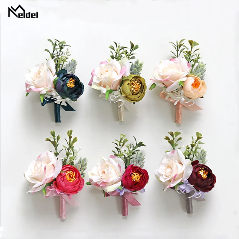 

Meldel Blue Wrist Corsage Bracelet Men Wedding Boutonniere Bridesmaid Wrist Corsage Girl Flower Pink Purple Artificial Silk Rose