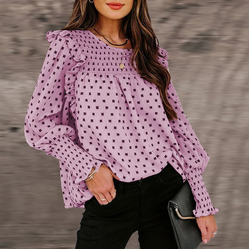 

Женская Повседневная Блузка с оборками и волнистым принтом, элегантный пуловер с круглым вырезом и длинным рукавом, Офисная Дамская Свобод...