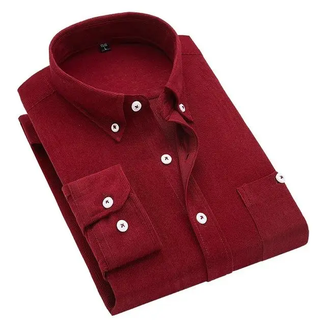 Wine red Новые мужские однотонные вельветовые рубашки с длинными рукавами и карманом на левой груди, высококачественные мужские повседневные свитеры с пуговицами - Цвет: Wine red