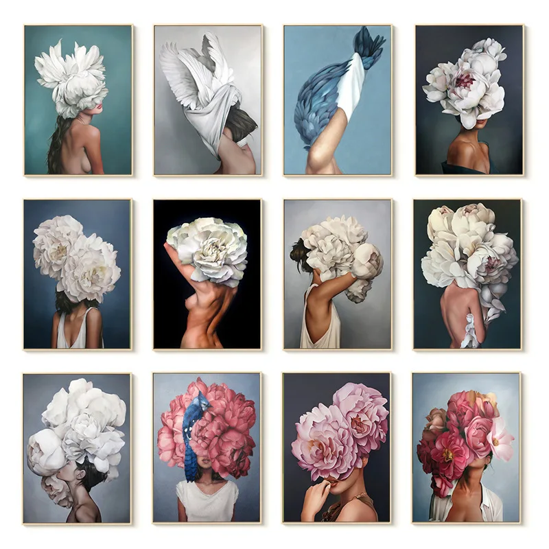 

Decorations For Home Ins Woman Headdress Flower Abstract Canvas Painting Posters Pictures Core Living Room Wall Art Hanging