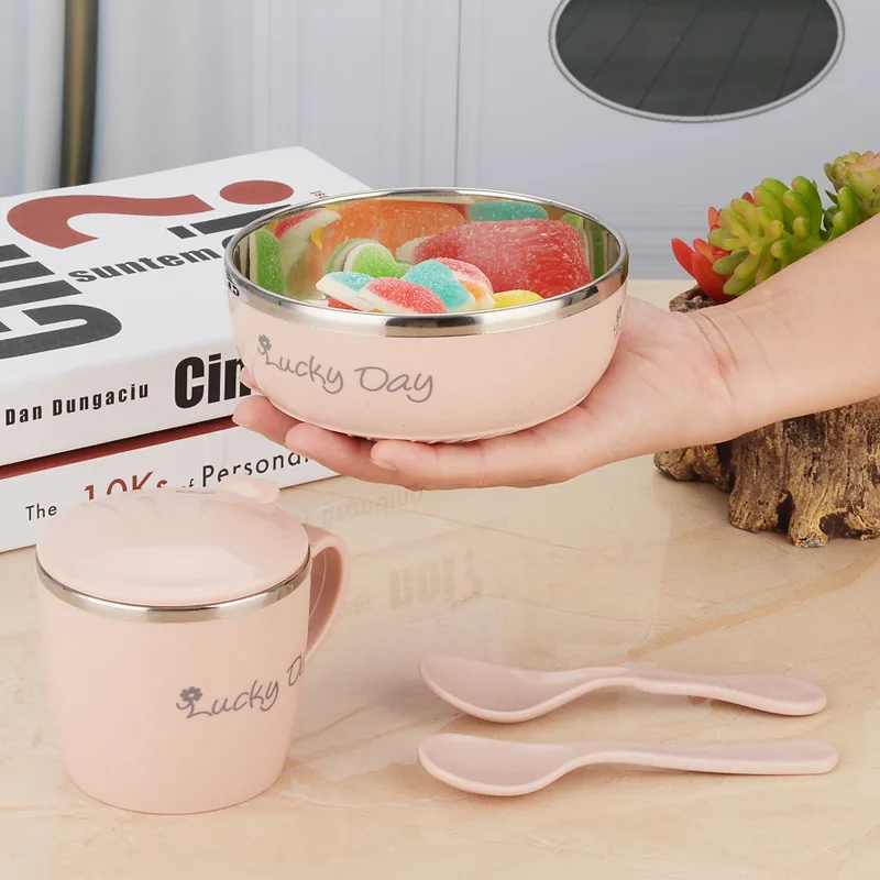 Cuenco de alimentaci&oacute;n para Beb&eacute; y Ni&ntilde;o, vajilla de acero inoxidable para suplemento alimenticio, cuenco de alimentaci&oacute;n s&oacute;lido, taza de agua para beb&eacute;, juego de cuencos de alimentaci&oacute;n-4