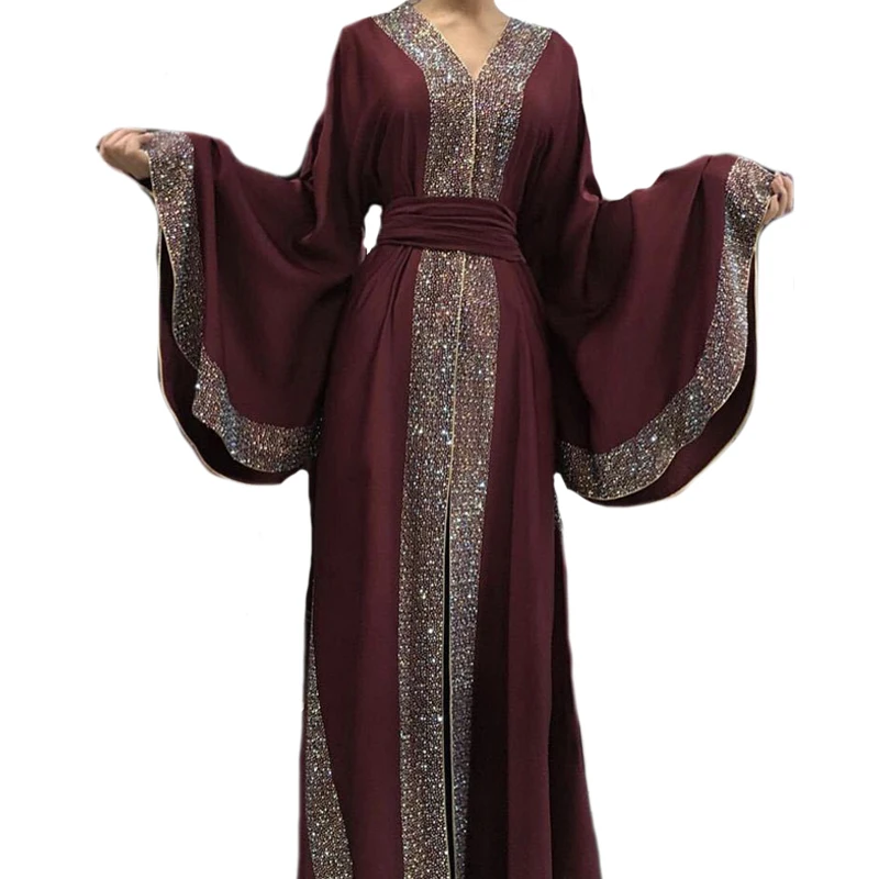 Luxurious Femme Cardigan Kimono Hand-studded Diamond Robe Dubai Islam Muslim Dress Qatar Turkey Clothing