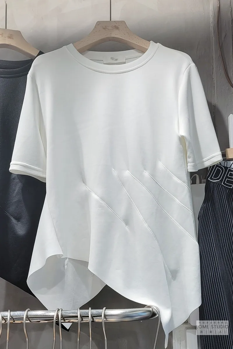 

Slim Waist Round Neck Women T Shirt Irregular Solid Color Short Sleeved Female Shirt Spring and Summer T-shirt Top
