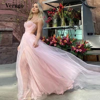 verngo sexy baby pink tulle a line prom dresses spaghetti straps criss cross open back sweetheart side slit evening gowns
