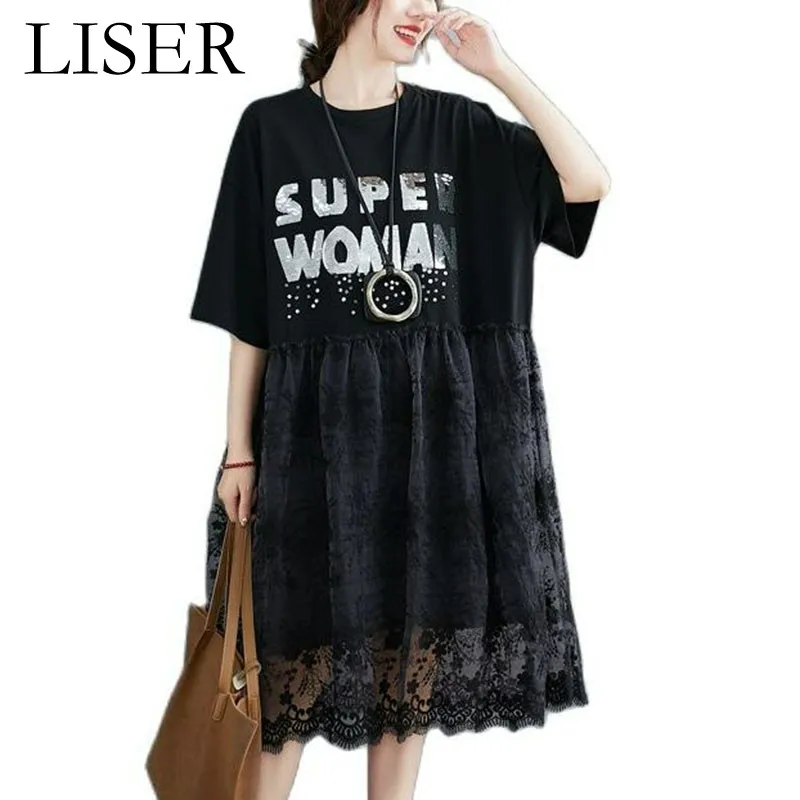 

Летнее модное женское платье свободного покроя, платье большого размера с буквенным принтом, новинка 2022, Трендовое кружевное строченное че...