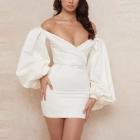 satin white dress v neck lantern sleeve 2 layers high waist bodycon vestidos zipper ruched robe women mini dresses 2020