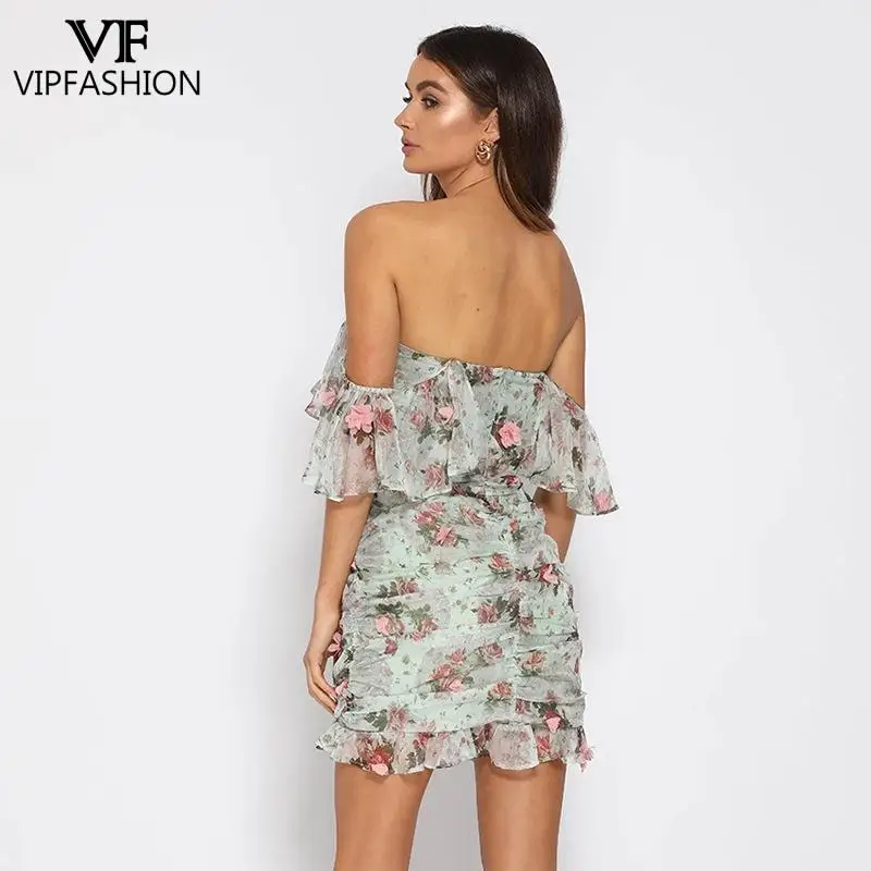 

VIP FASHION Sexy Backless One-Shoulder Print Dress Summer Short Sleeve Ruffles Slash Neck Pullover Women's Clothing Casual Dress