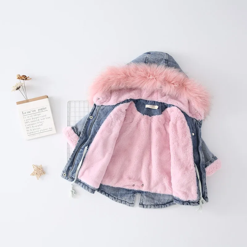 Girls Winter Plus Velvet Denim Jackets Children Fur Collar Hooded Casua Coats Kids Cotton Parkas Outwear |