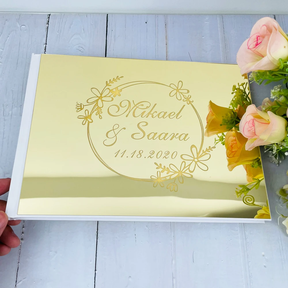 Персонализированная зеркальная Золотая Серебряная Гостевая книга на заказ