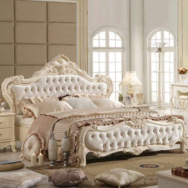 Европейская кровать двойная французская кожаная деревянная Резная Кровать