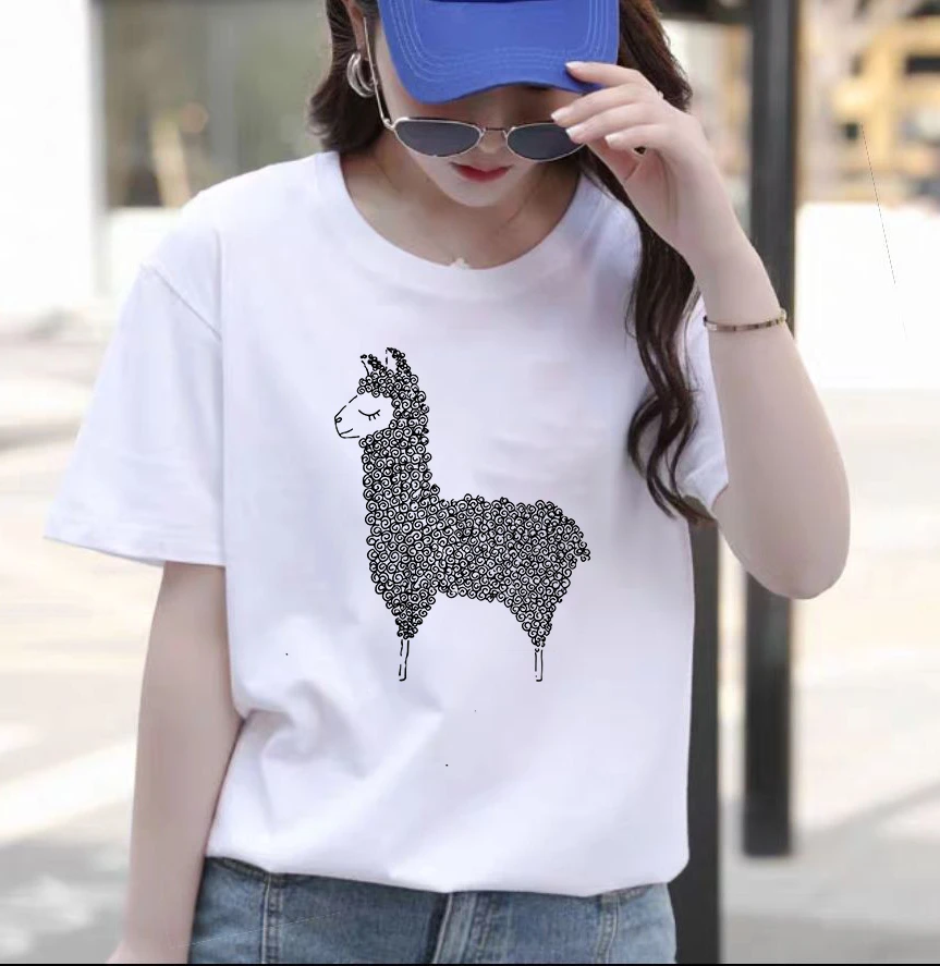 

New T-shirt Female Alpaca Graphic Printed Tshirt Loose Spring Summer Tee shirt Easy Matching Round Neck T-shirts CN(Origin)