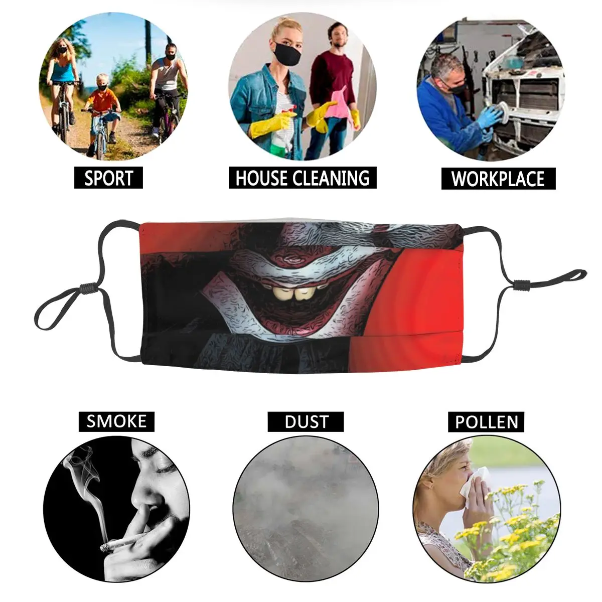 

Scary Horror Clown Reusable Unisex Adult Face Mask Art Design Anti Haze Dust Protection Cover Respirator Mouth Muffle