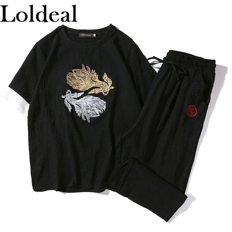 

Loldeal Men's Short-sleeved T-shirt Set Chinese Style Round Neck Cotton Comfortable Embroidery + Shorts