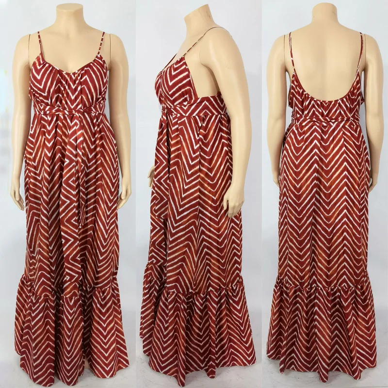 

Spaghetti Strap Dress 2021 Casual Sleeveless Halter African Print Maxi Long Dress Big Wing With Belt Backless Summer Party Dress