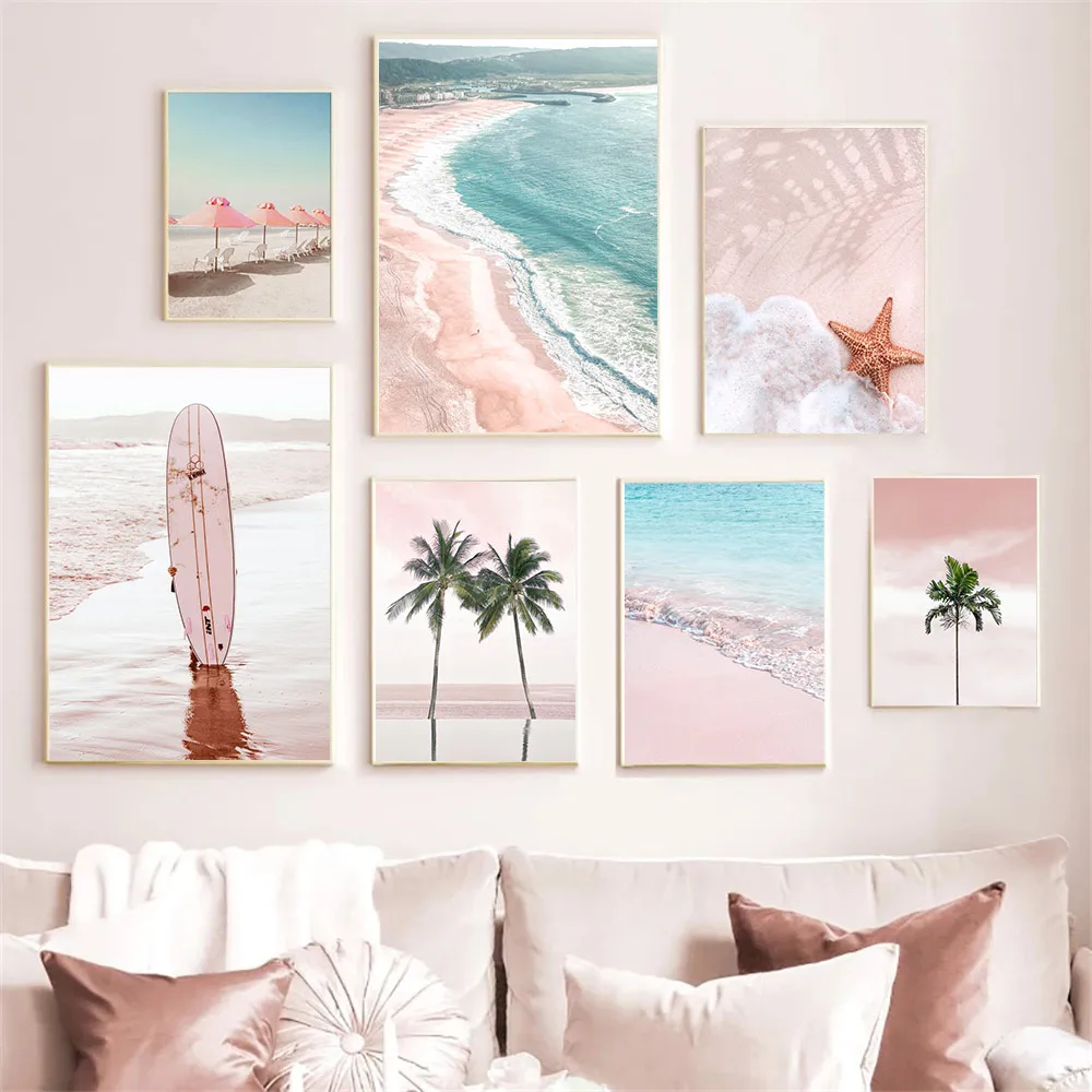 

Sea Beach Waves Poster Seaside Palm Tree Wall Art Canvas Print Pink Starfish Surfboard Wall Painting Pictures Living Room Decor